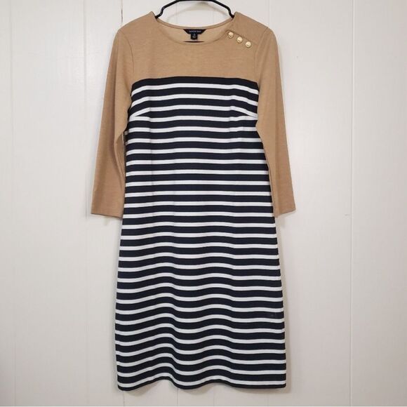 Lands End Striped three-quarter sleeve, navy tan cream colors size 6-8 - Picture 2 of 9